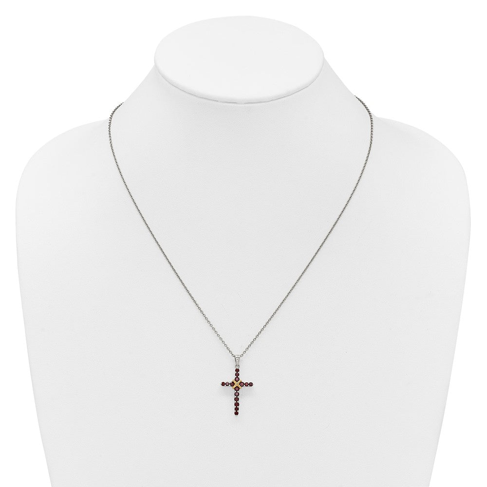 Sterling Silver Rhodium-Plated w/14K/Silver Two-Tone Accent Garnet Cross Necklace