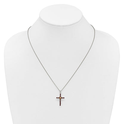 Sterling Silver Rhodium-Plated w/14K/Silver Two-Tone Accent Garnet Cross Necklace