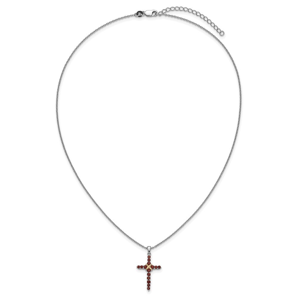 Sterling Silver Rhodium-Plated w/14K/Silver Two-Tone Accent Garnet Cross Necklace