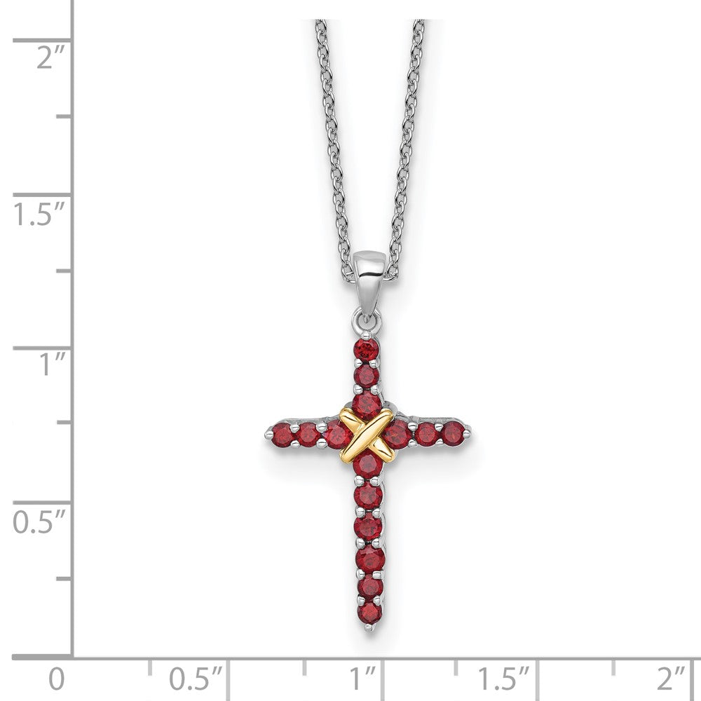 Sterling Silver Rhodium-Plated w/14K/Silver Two-Tone Accent Garnet Cross Necklace