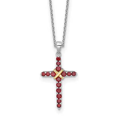 Sterling Silver Rhodium-Plated w/14K/Silver Two-Tone Accent Garnet Cross Necklace