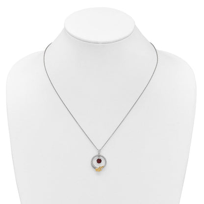 Ss Rhodium Plated W/ 14K/Silver Two-Tone Accent Twisted Garnet Leaf Circle Necklace