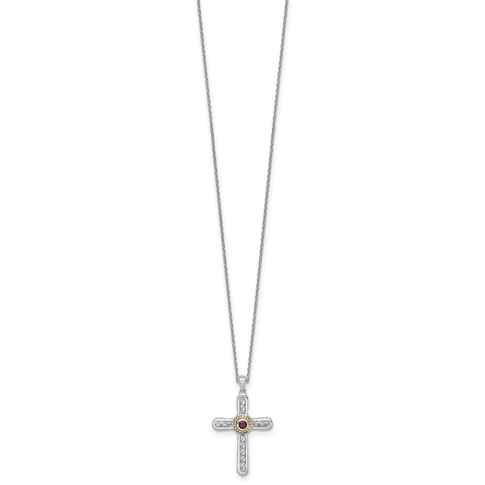Ss Rhodium Plated W/ 14K/Silver Two-Tone Accent Textured Garnet Cross Necklace