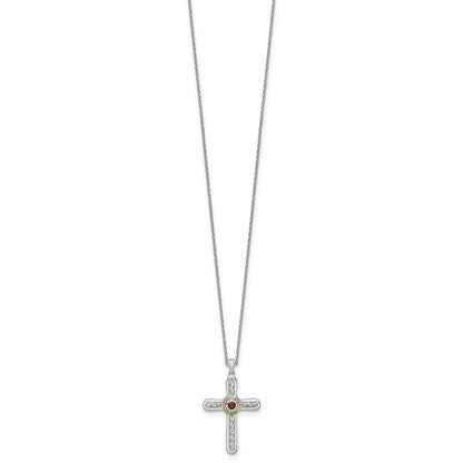 Ss Rhodium Plated W/ 14K/Silver Two-Tone Accent Textured Garnet Cross Necklace