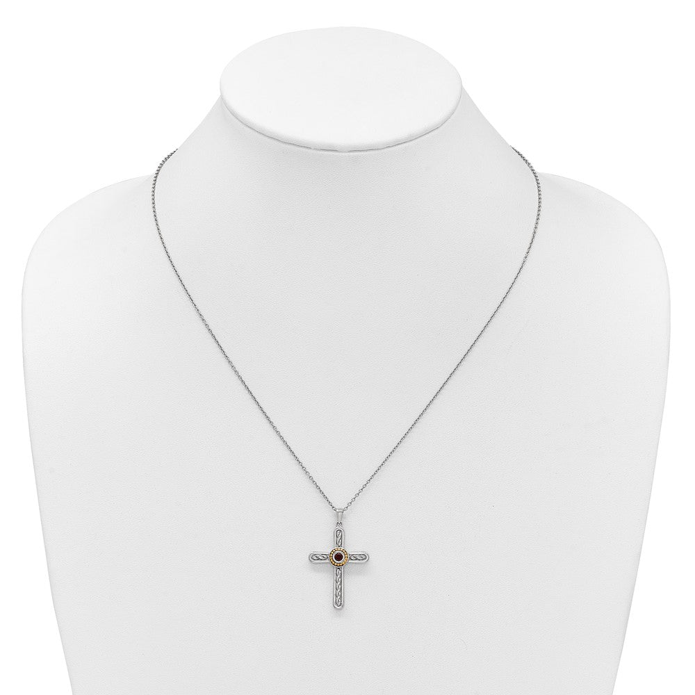 Ss Rhodium Plated W/ 14K/Silver Two-Tone Accent Textured Garnet Cross Necklace