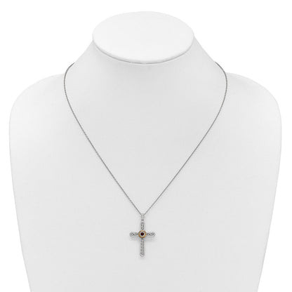 Ss Rhodium Plated W/ 14K/Silver Two-Tone Accent Textured Garnet Cross Necklace