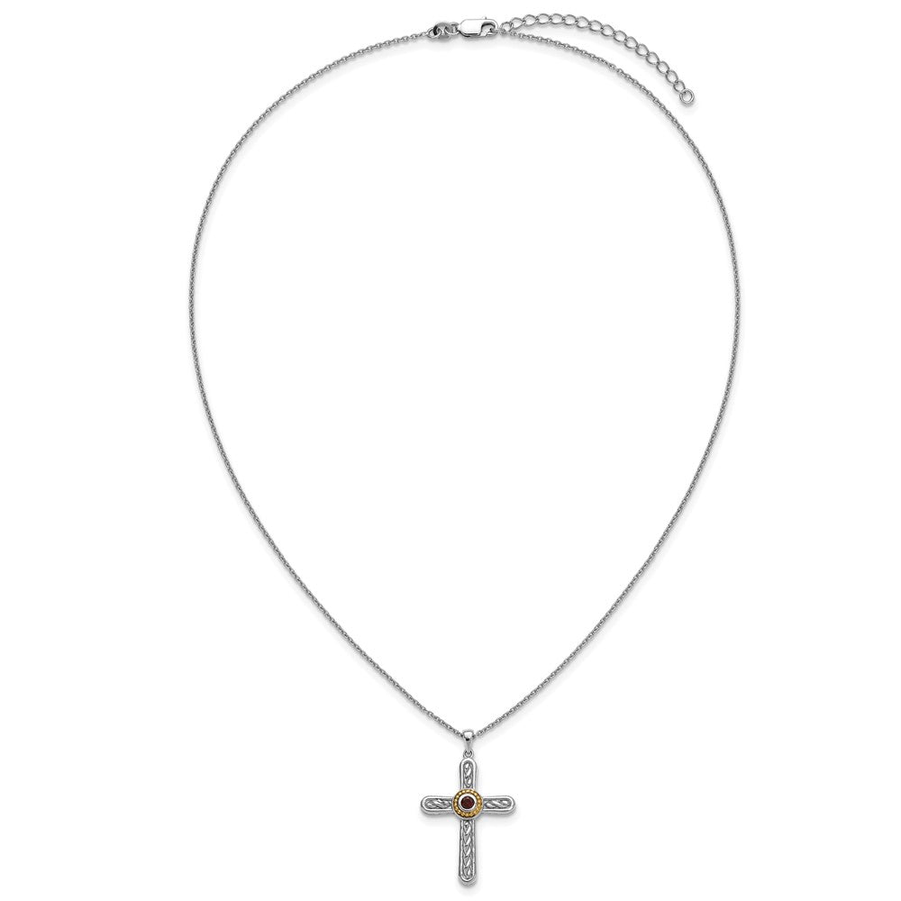 Ss Rhodium Plated W/ 14K/Silver Two-Tone Accent Textured Garnet Cross Necklace