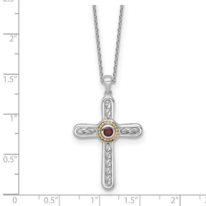 Ss Rhodium Plated W/ 14K/Silver Two-Tone Accent Textured Garnet Cross Necklace