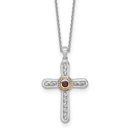 Ss Rhodium Plated W/ 14K/Silver Two-Tone Accent Textured Garnet Cross Necklace