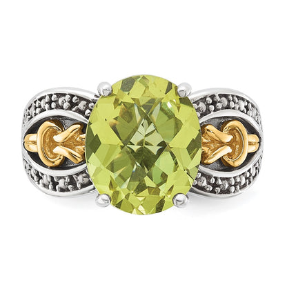 14K/Silver Two Tone Sterling Silver W/ 14K Accent Antiqued Oval Lemon Quartz Ring