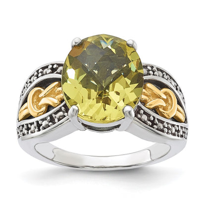 14K/Silver Two Tone Sterling Silver W/ 14K Accent Antiqued Oval Lemon Quartz Ring