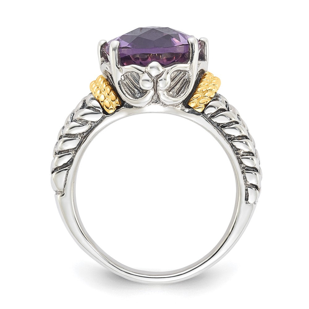 14K/Silver Two Tone Sterling Silver 14K Accent Antiqued Oval Amethyst Quartz Ring (Size 6 Only)