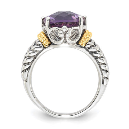 14K/Silver Two Tone Sterling Silver 14K Accent Antiqued Oval Amethyst Quartz Ring (Size 6 Only)