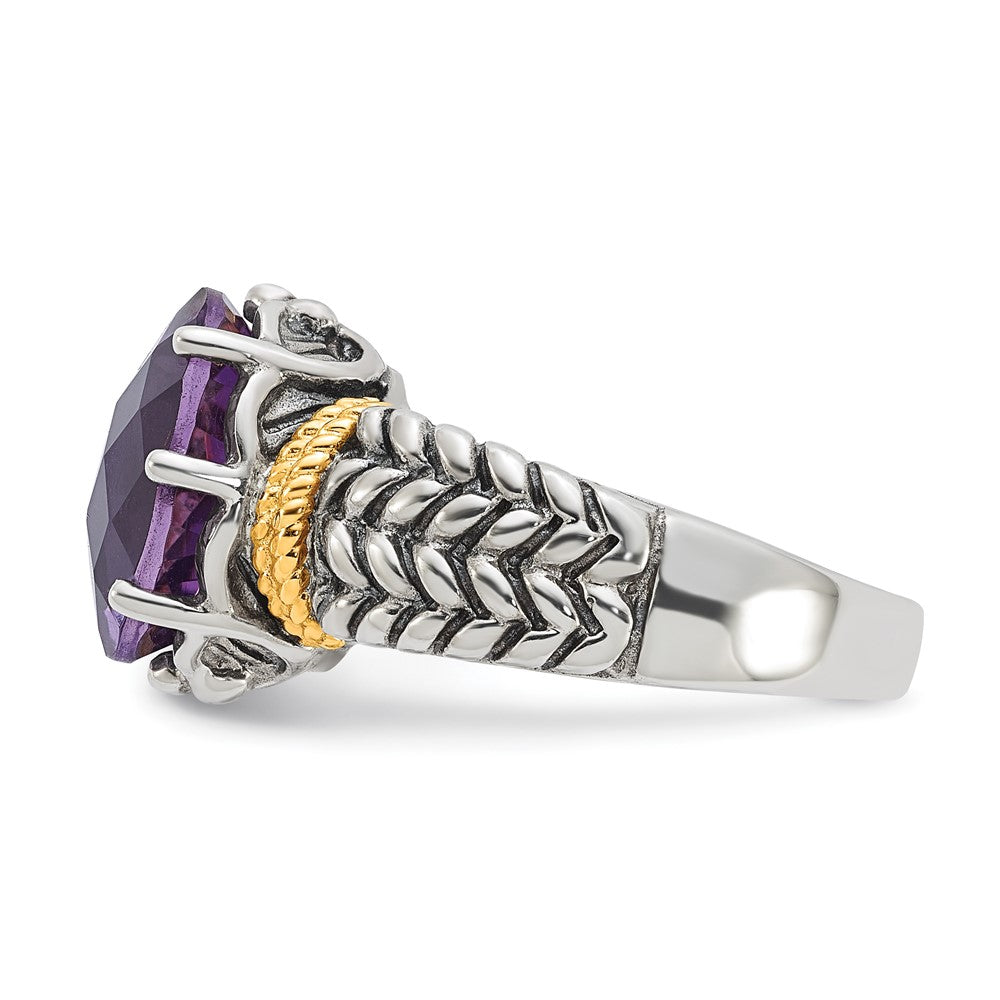 14K/Silver Two Tone Sterling Silver 14K Accent Antiqued Oval Amethyst Quartz Ring (Size 6 Only)