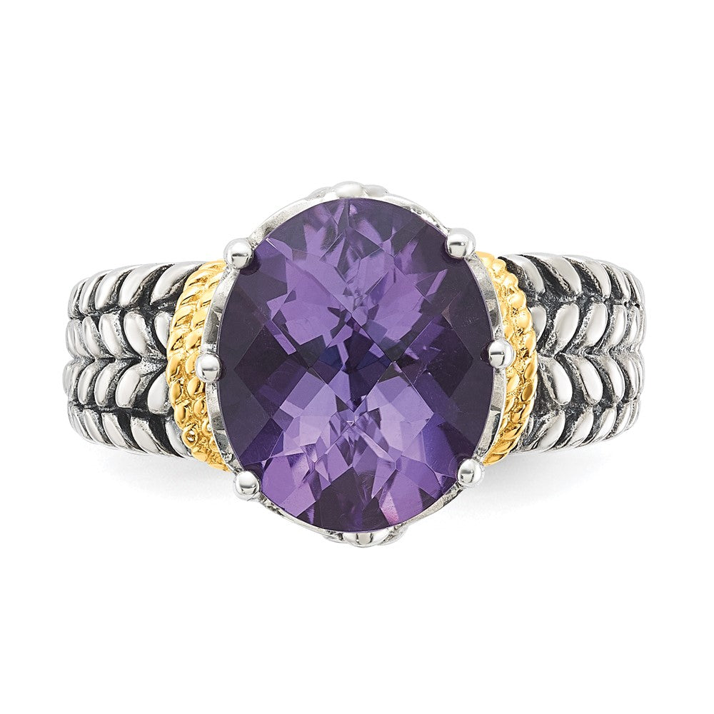 14K/Silver Two Tone Sterling Silver 14K Accent Antiqued Oval Amethyst Quartz Ring (Size 6 Only)