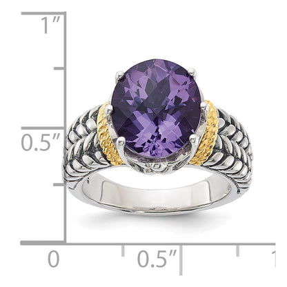 14K/Silver Two Tone Sterling Silver 14K Accent Antiqued Oval Amethyst Quartz Ring (Size 6 Only)