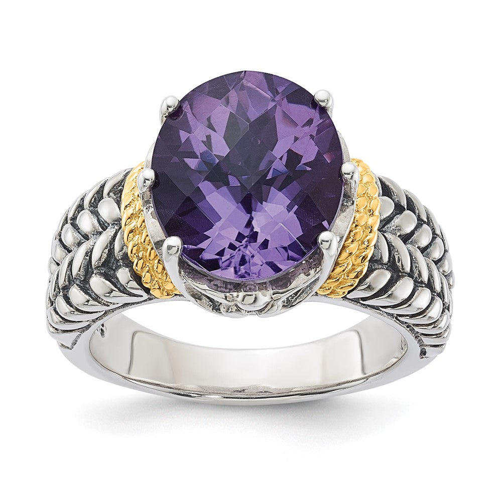 14K/Silver Two Tone Sterling Silver 14K Accent Antiqued Oval Amethyst Quartz Ring (Size 6 Only)