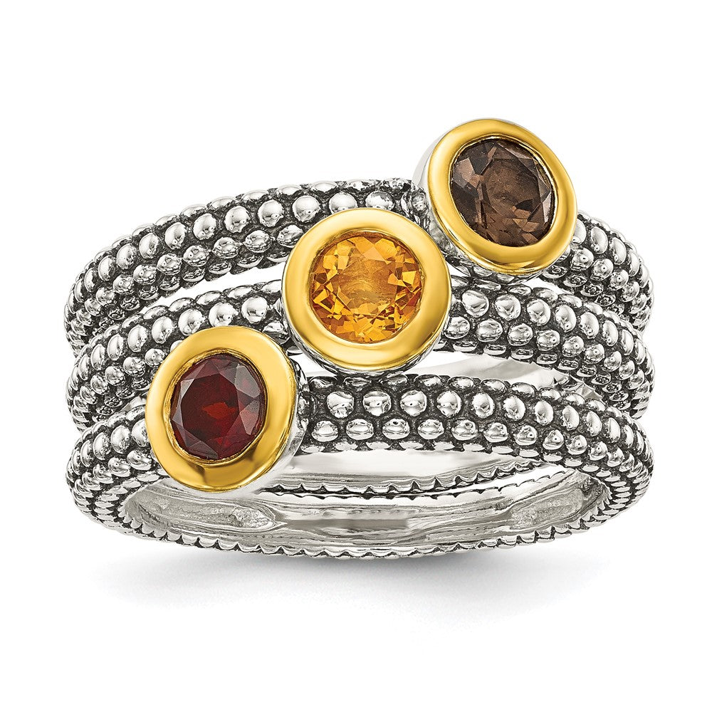 Sterling Silver Shey Couture Gold Tone Flash Plated Antiqued Round Bezel .30Garnet/.20Citrine/.20Smoky Quartz 3 Stackable Rings