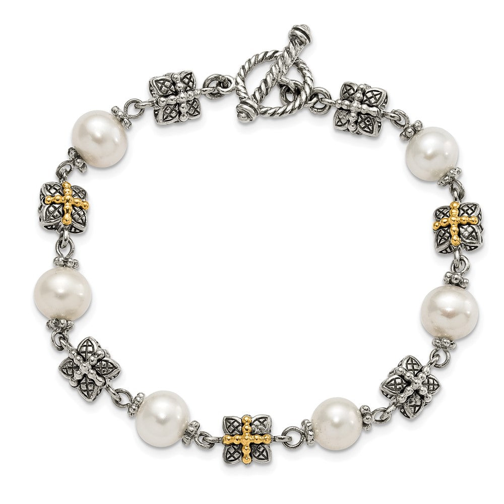 14K/Silver Two Tone Sterling Silver W/ 14Ky Accent Polished & Antiqued Freshwater Cultured Pearl Bracelet
