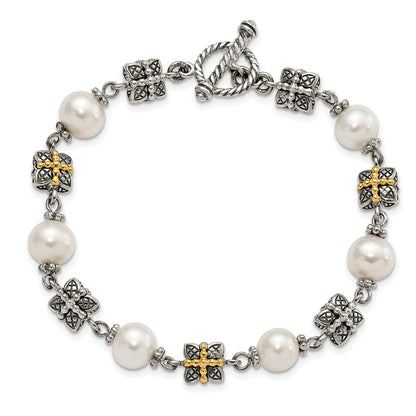 14K/Silver Two Tone Sterling Silver W/ 14Ky Accent Polished & Antiqued Freshwater Cultured Pearl Bracelet