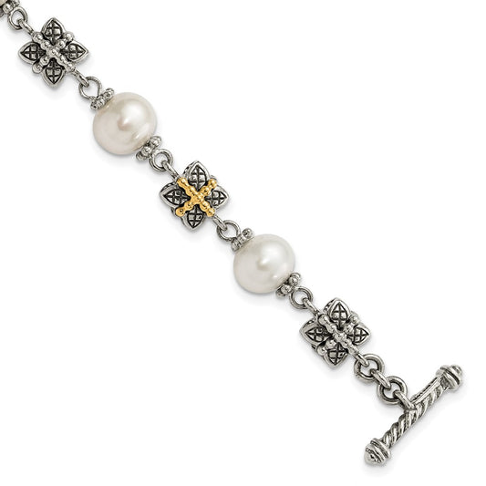 14K/Silver Two Tone Sterling Silver W/ 14Ky Accent Polished & Antiqued Freshwater Cultured Pearl Bracelet