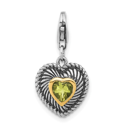 14K/Silver Two Tone Sterling Silver 14K Accent Polished & Antiqued Lemon Quartz Heart W/ Lobster Clasp Charm