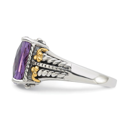 14K/Silver Two Tone Sterling Silver W/ 14K Accent Antiqued Amethyst Ring (Size 7 Only)