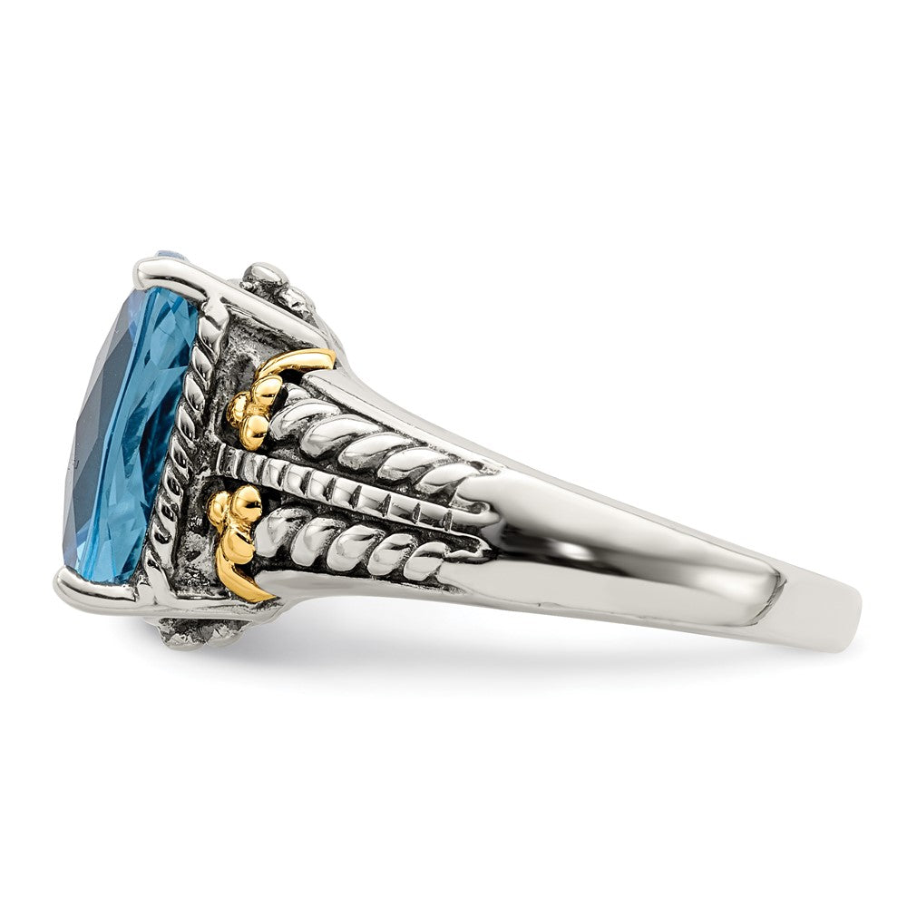 14K/Silver Two Tone Shey Couture Sterling Silver With 14K Accent Antiqued Checkerboard Cushion Swiss Blue Topaz Ring (Size 6 Only)