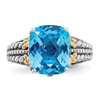 14K/Silver Two Tone Shey Couture Sterling Silver With 14K Accent Antiqued Checkerboard Cushion Swiss Blue Topaz Ring (Size 6 Only)