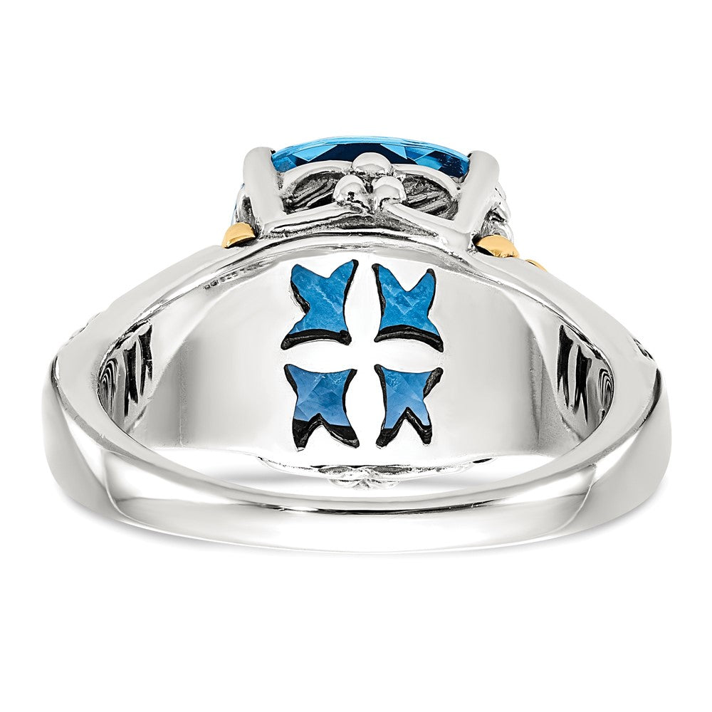 14K/Silver Two Tone Shey Couture Sterling Silver With 14K Accent Antiqued Checkerboard Cushion Swiss Blue Topaz Ring (Size 6 Only)