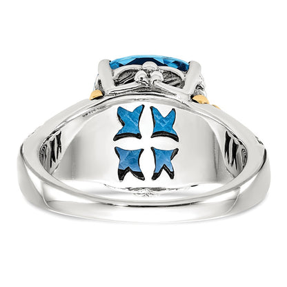 14K/Silver Two Tone Shey Couture Sterling Silver With 14K Accent Antiqued Checkerboard Cushion Swiss Blue Topaz Ring (Size 6 Only)