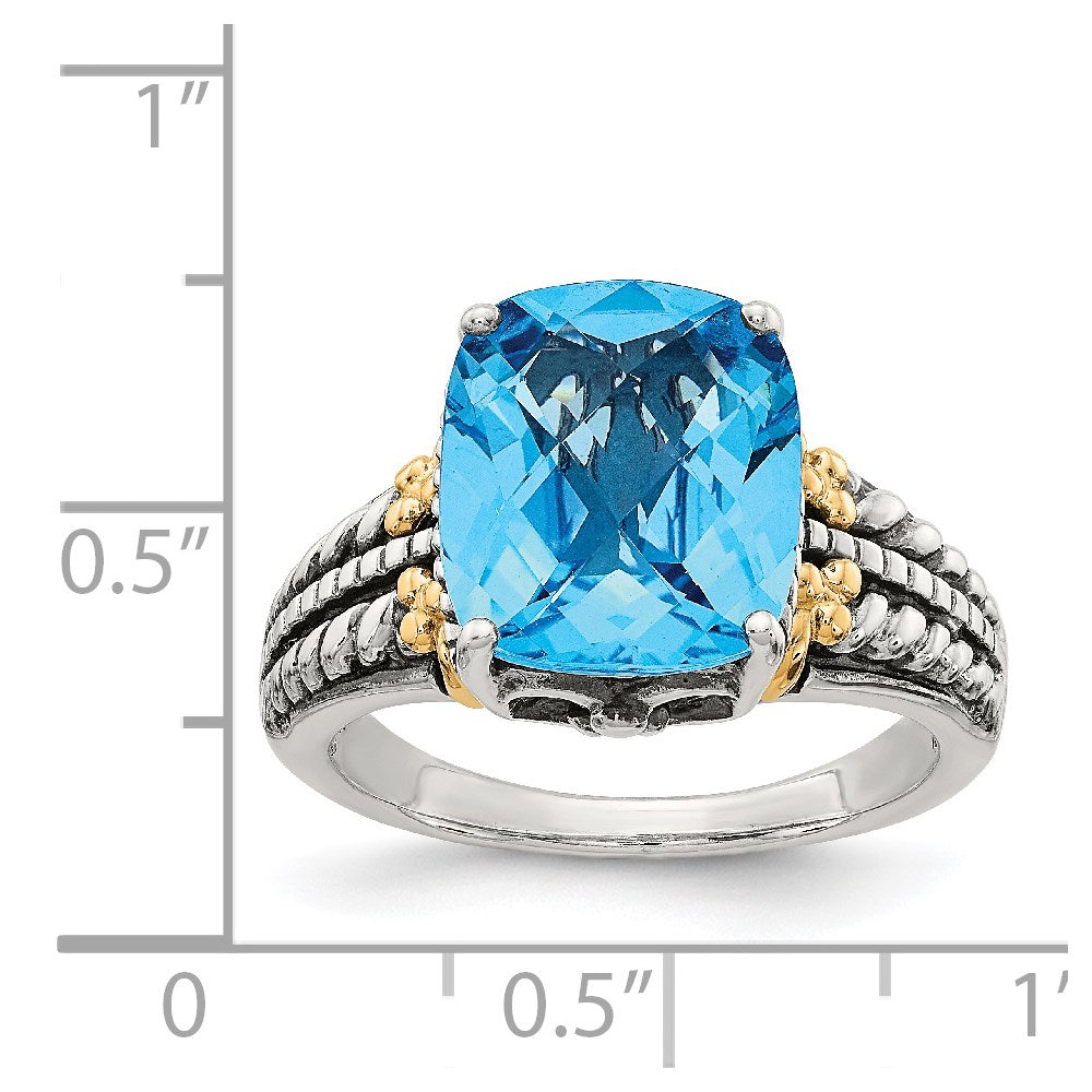 14K/Silver Two Tone Shey Couture Sterling Silver With 14K Accent Antiqued Checkerboard Cushion Swiss Blue Topaz Ring (Size 6 Only)