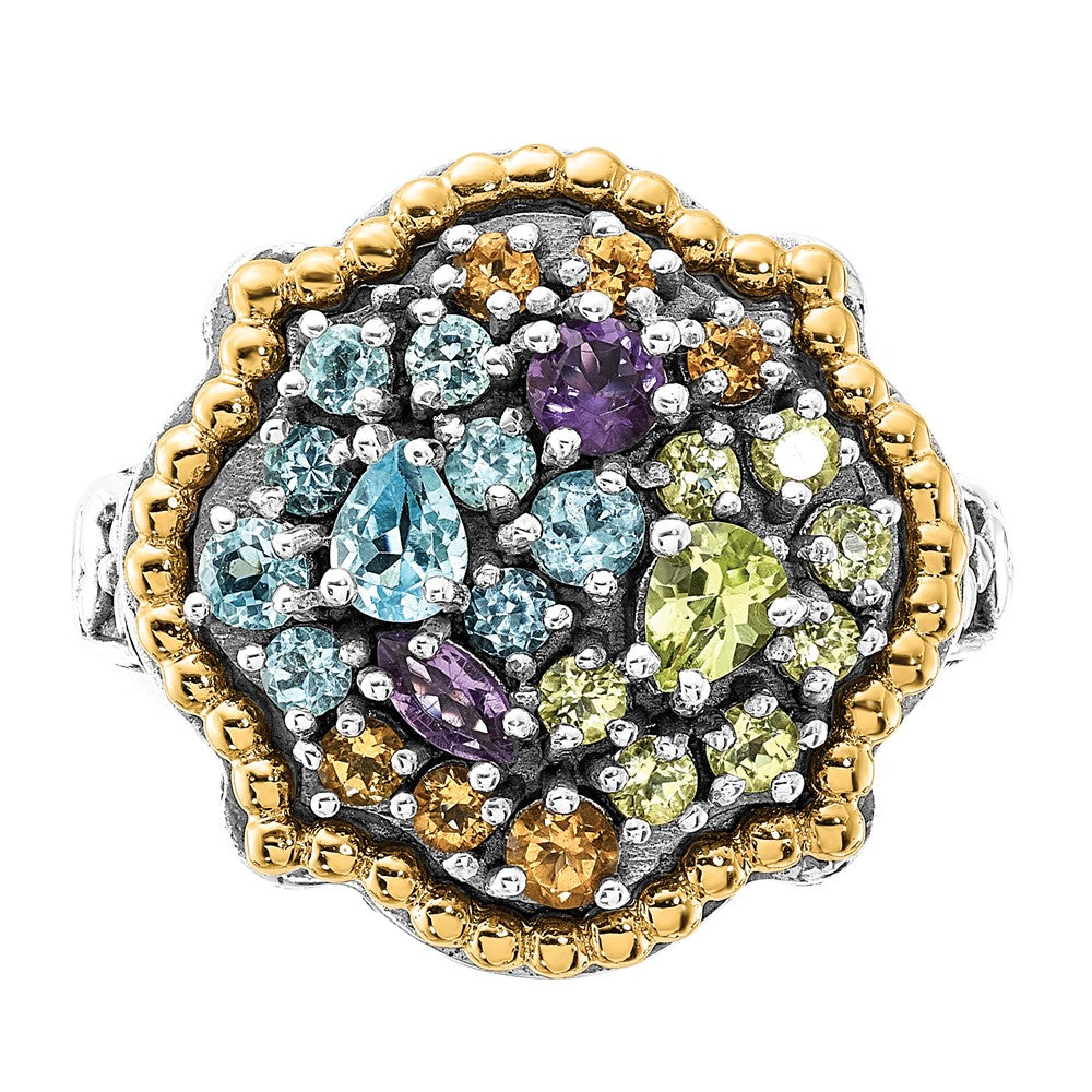 14K/Silver Two Tone Sterling Silver 14K Accent Polished & Antiqued 1.43Tw Multi Gemstone Ring
