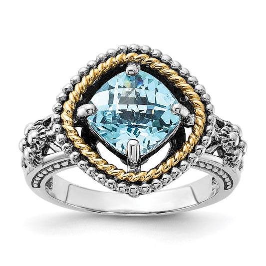 14K/Silver Two Tone Sterling Silver 14K Accent Polished & Antiqued Swiss Blue Topaz Ring (Size 6 Only)