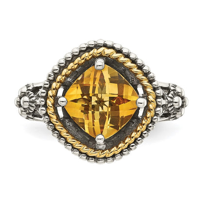 14K/Silver Two Tone Shey Couture Sterling Silver With 14K Accent Antiqued Cushion Citrine Ring