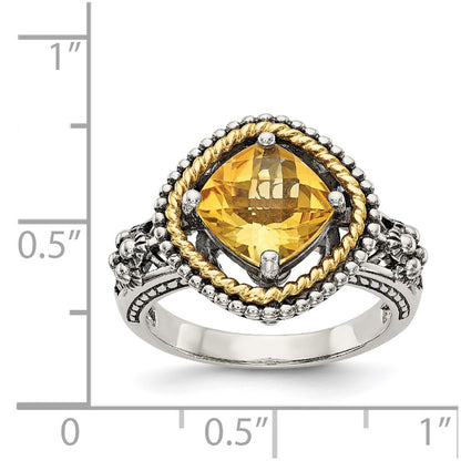 14K/Silver Two Tone Shey Couture Sterling Silver With 14K Accent Antiqued Cushion Citrine Ring