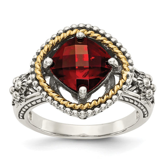 14K/Silver Two Tone Shey Couture Sterling Silver With 14K Accent Antiqued Checkerboard Cushion Garnet Ring