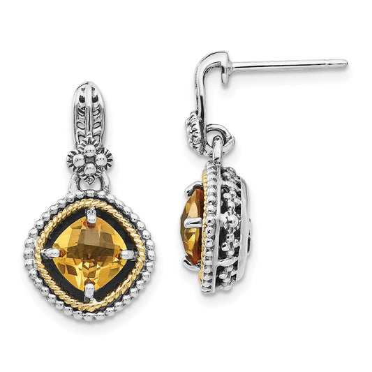 14K/Silver Two Tone Shey Couture Sterling Silver With 14K Accent Antiqued Cushion Citrine Dangle Post Earrings