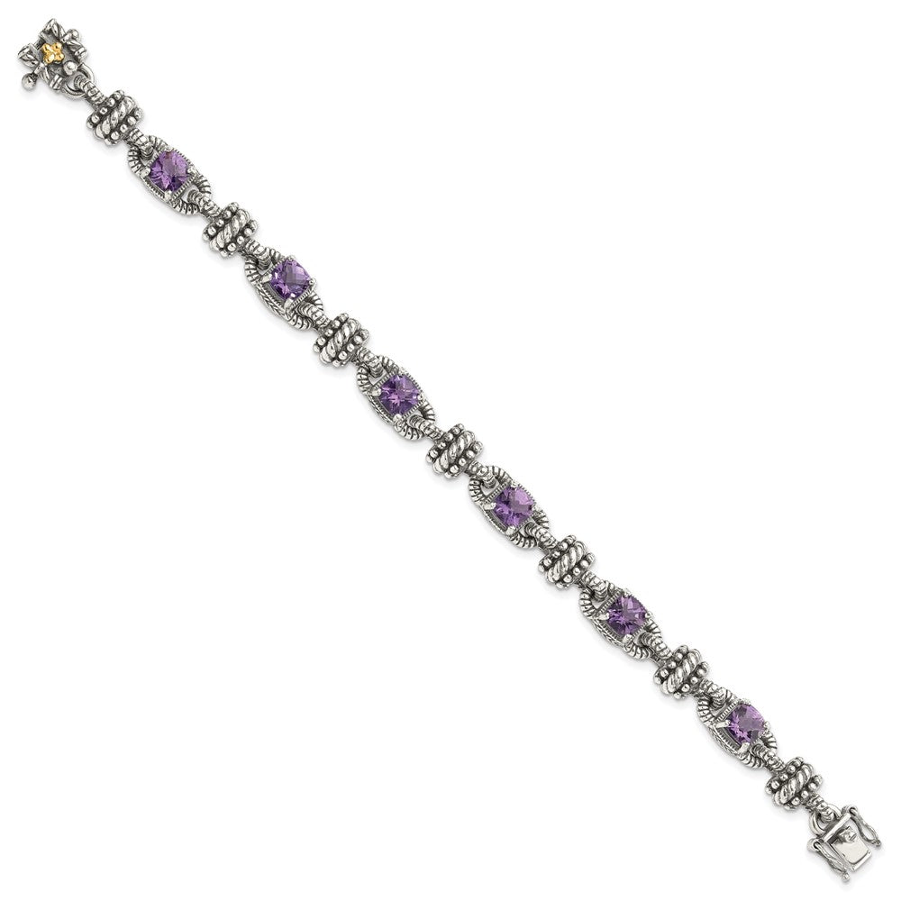 14K/Silver Two Tone Shey Couture Sterling Silver With 14K Accent 7.5 Inch Antiqued Cushion Amethyst Bracelet