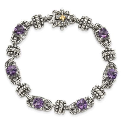 14K/Silver Two Tone Shey Couture Sterling Silver With 14K Accent 7.5 Inch Antiqued Cushion Amethyst Bracelet