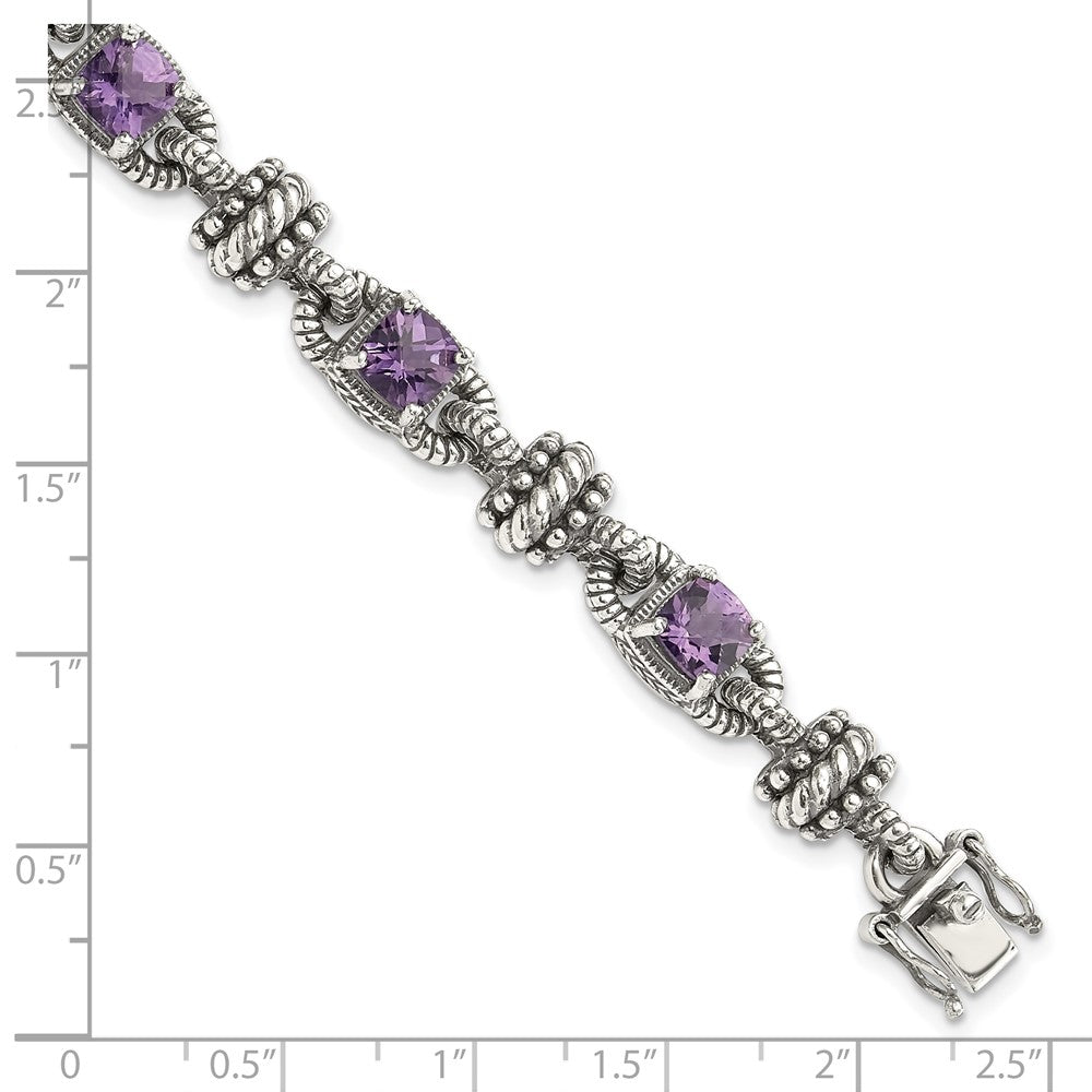 14K/Silver Two Tone Shey Couture Sterling Silver With 14K Accent 7.5 Inch Antiqued Cushion Amethyst Bracelet