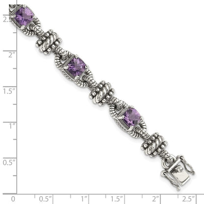 14K/Silver Two Tone Shey Couture Sterling Silver With 14K Accent 7.5 Inch Antiqued Cushion Amethyst Bracelet