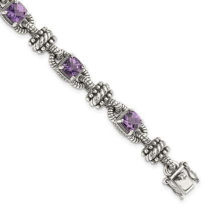 14K/Silver Two Tone Shey Couture Sterling Silver With 14K Accent 7.5 Inch Antiqued Cushion Amethyst Bracelet