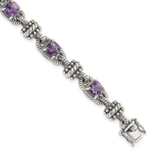 14K/Silver Two Tone Shey Couture Sterling Silver With 14K Accent 7.5 Inch Antiqued Cushion Amethyst Bracelet