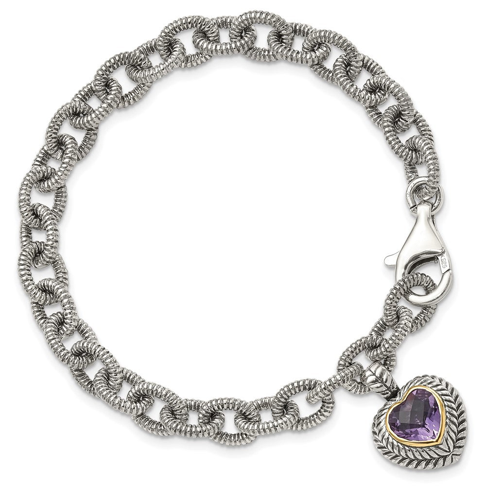 14K/Silver Two Tone Shey Couture Sterling Silver With 14K Accent 7.5 Inch Antiqued Amethyst Heart Link Bracelet