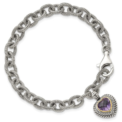 14K/Silver Two Tone Shey Couture Sterling Silver With 14K Accent 7.5 Inch Antiqued Amethyst Heart Link Bracelet
