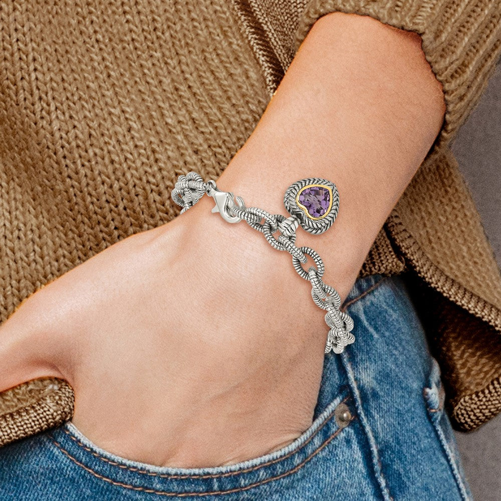 14K/Silver Two Tone Shey Couture Sterling Silver With 14K Accent 7.5 Inch Antiqued Amethyst Heart Link Bracelet