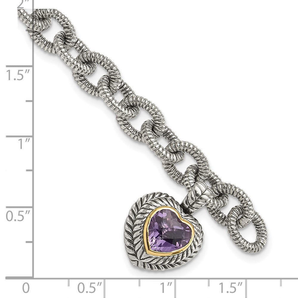 14K/Silver Two Tone Shey Couture Sterling Silver With 14K Accent 7.5 Inch Antiqued Amethyst Heart Link Bracelet