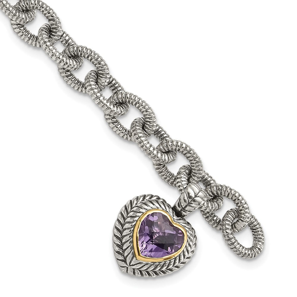 14K/Silver Two Tone Shey Couture Sterling Silver With 14K Accent 7.5 Inch Antiqued Amethyst Heart Link Bracelet