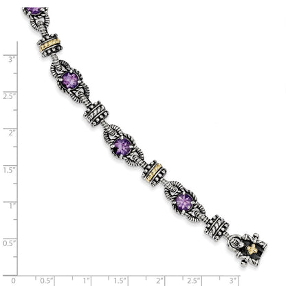 14K/Silver Two Tone Shey Couture Sterling Silver With 14K Accent 7.5 Inch Antiqued Round Amethyst Bracelet